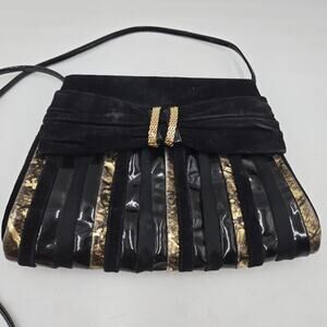 Vintage 80s Bonwit Teller Italy Black Suede Gold Leather Evening Purse Crossbody